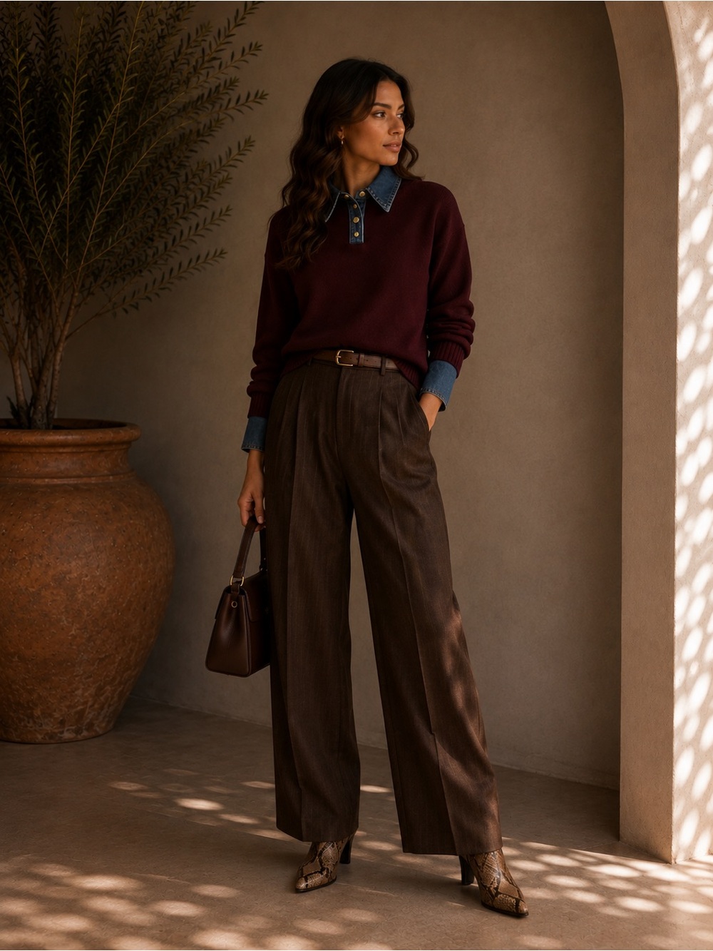 Commense Burgundy 2-in-1 Layered Lapel Sweater S | Preppy Fall Knit